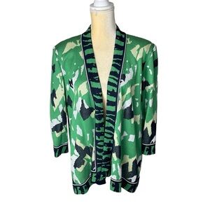 Misook Cardigan Open Front Sweater‎ Green Black Geo Animal Print Size XL